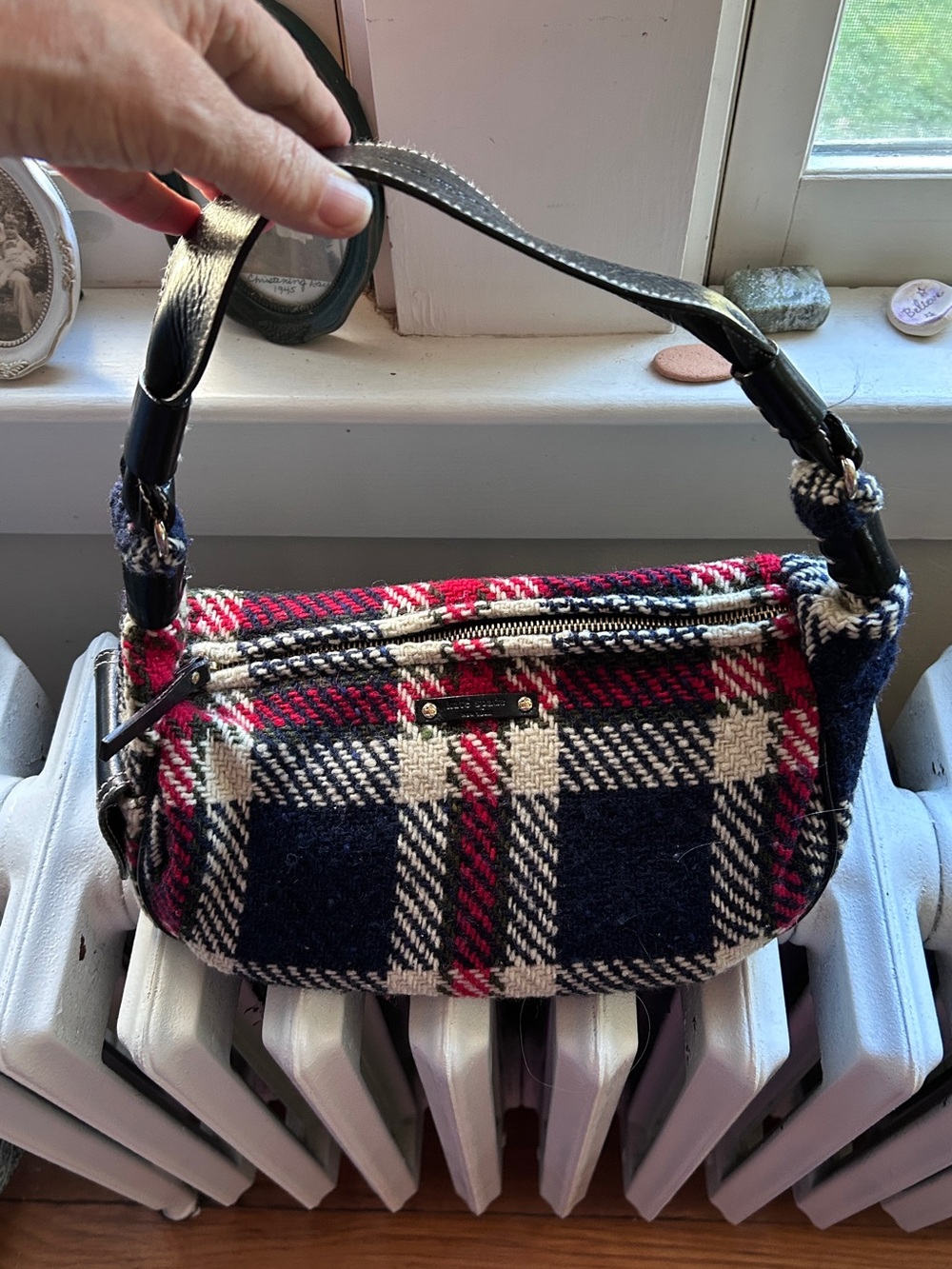 Kate Spade Plaid Wool Shoulder Bag in Navy, Red & Cream